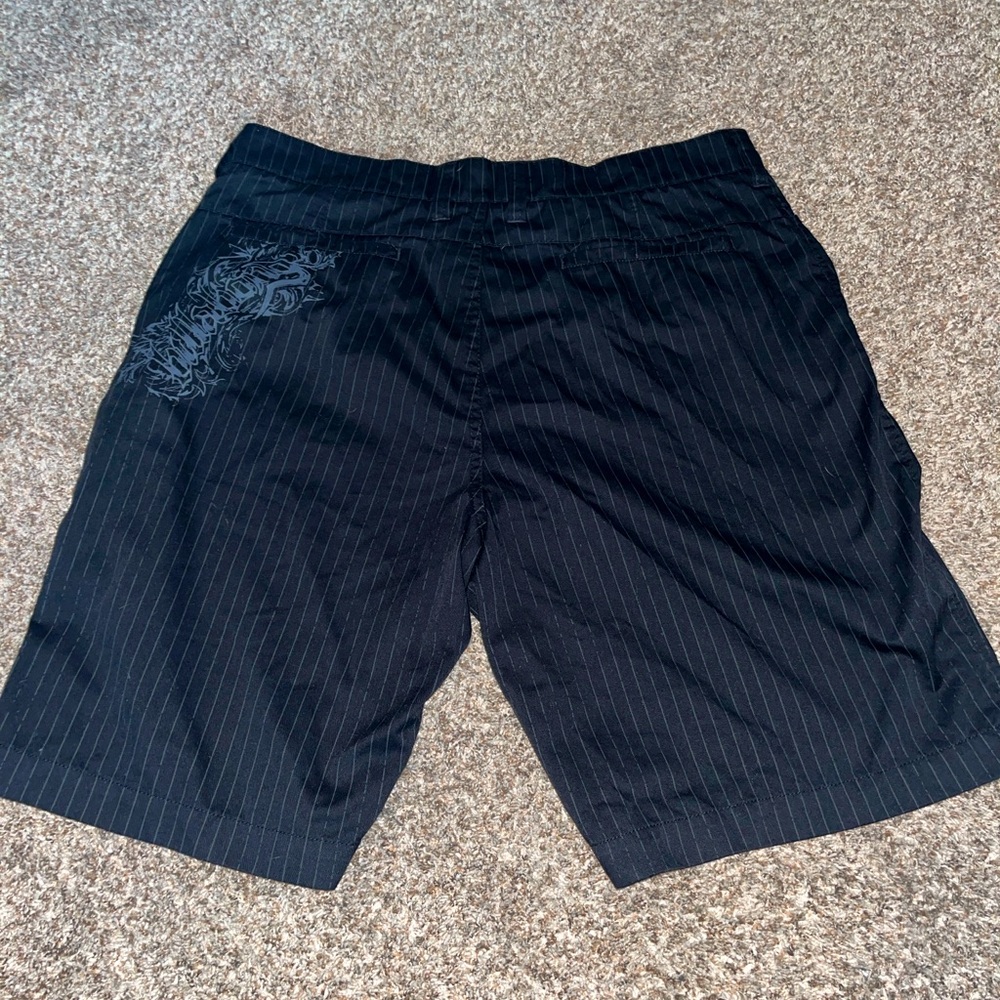 VINTAGE BILLABONG PINSTRIPED EMBROIDERED SHORTS.